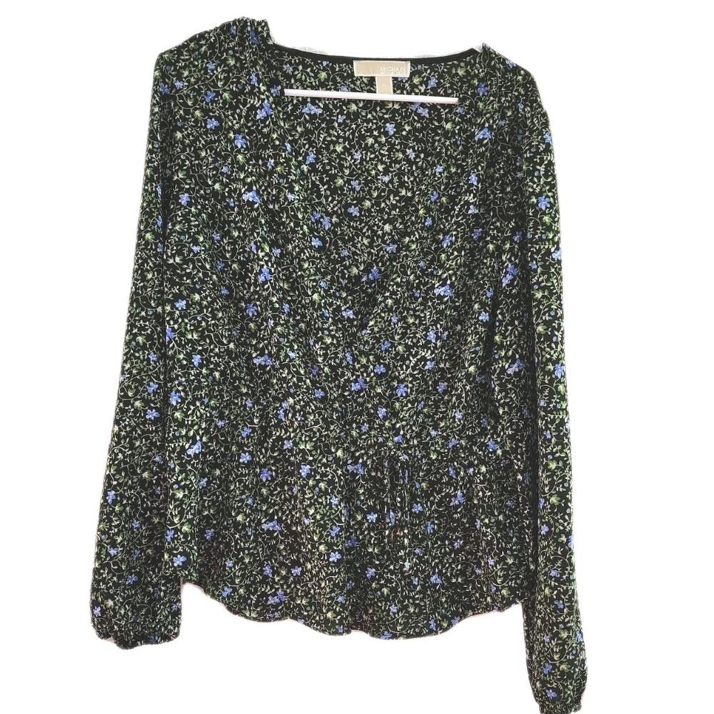 Michael Kors Black Green Wrap Floral, Print, Long Sleeve Top XL Flowers Sheer